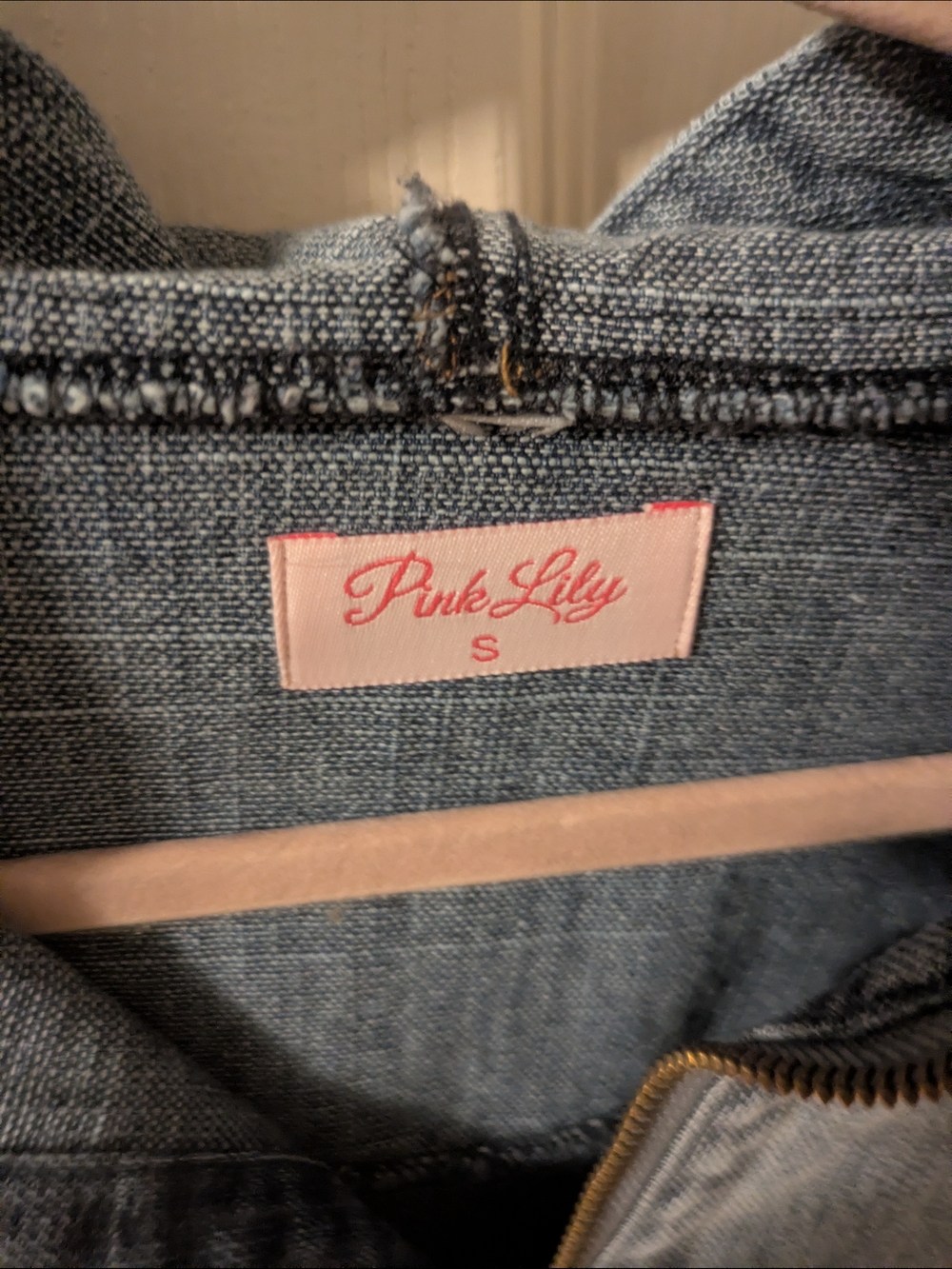 Pink Lily Light Blue Denim Hoodie Jacket with Pink Plaid Accents - Picture 4 of 4